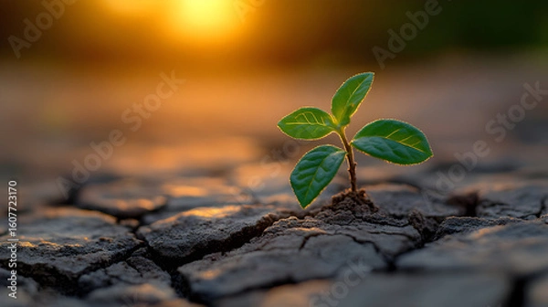 Fototapeta Close-up of a small green plant sprout emerging from cracked, dry soil at sunset.