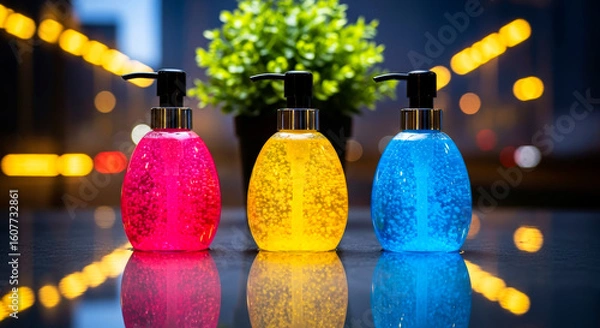 Fototapeta Colorful Liquid Soap Bottles with Pump on Reflective Surface