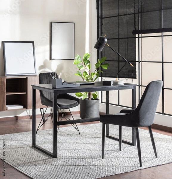 Fototapeta Contemporary Home Office Setup in Mid-Century Modern Style, a Sleek Black Desk, Elegant Velvet Chair, and Minimalist Decor Accents, brightened by natural light, panel blinds, functionality and style.