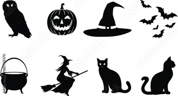 Fototapeta set of halloween element silhouette collection. Black and white vector editable file. pumpkin, ghost, cat, cauldron, horror house, female witch ride, owl, raven bird, skeleton, spider, witch hat