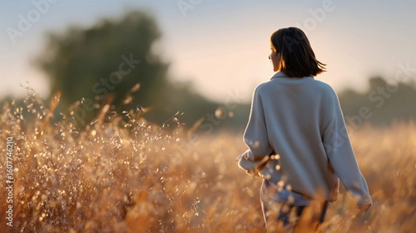Obraz A woman strolls through a golden field at sunset, enjoying the tranquil moment.