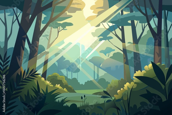 Obraz Abstract Sunlight Beams Piercing Through Forest Mist