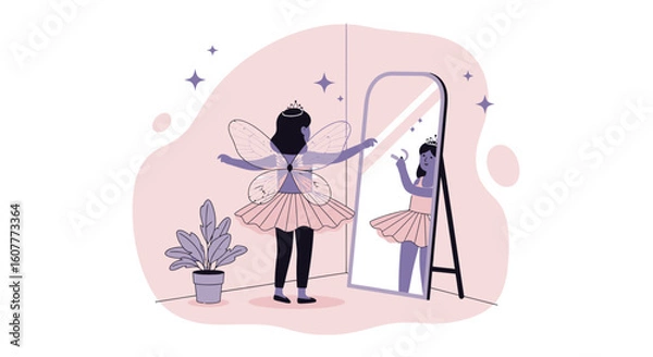Fototapeta Little Fairy Admires Her Reflection Getting Ready with the Elegant Costume