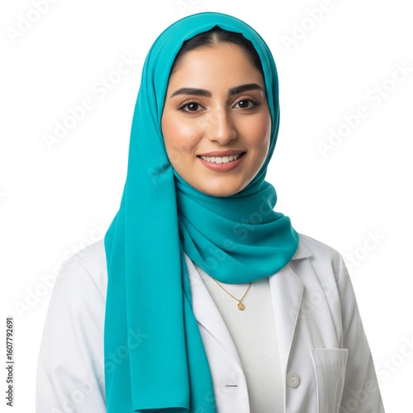 Fototapeta smiling female muslim doctor in hijab on Isolated transparent background png. generated with AI