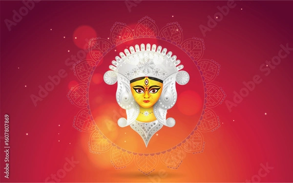 Fototapeta Durga Puja Banner Vector with Goddess Durga Face — Vibrant editable artwork featuring the divine face of Goddess Durga, ideal for festival banners, posters, and headers. 