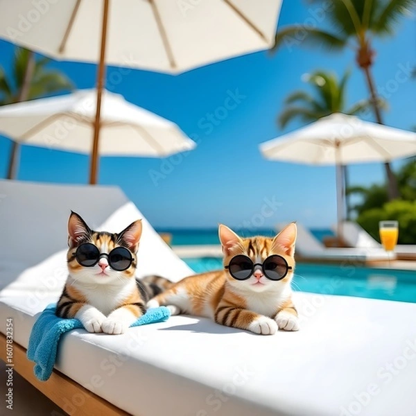 Obraz Two cats are lounging on poolside sunbeds