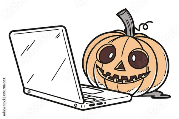 Fototapeta A cartoon pumpkin sits behind an open laptop on a transparent background