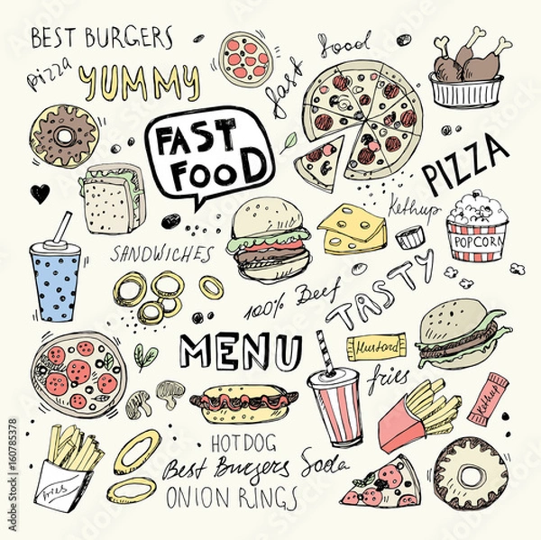 Obraz Fast food doodles. Hand drawn vector symbols and objects