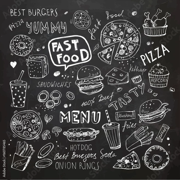 Fototapeta Fast food doodles. Hand drawn vector symbols and objects