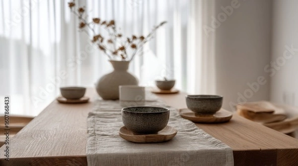 Fototapeta Harmonious Japandi fall dining area with natural light