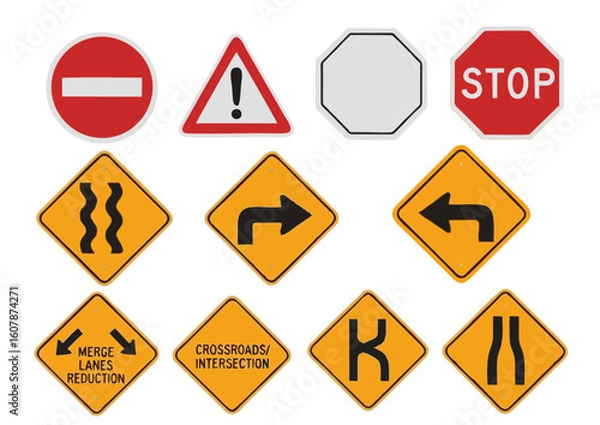 Fototapeta Collection of Various Road Traffic Signs with Different Shapes and Colors.