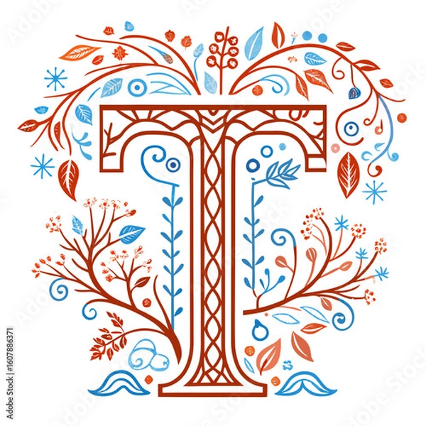 Fototapeta Decorative letter T with tree branch patterns in blue and red colors