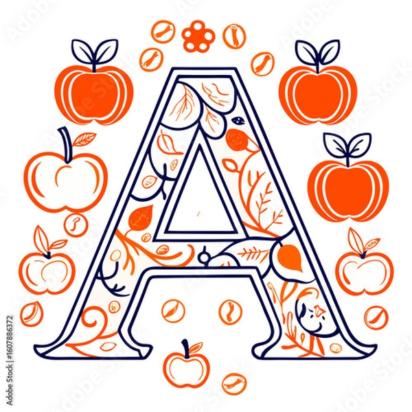 Fototapeta Decorative letter A with apples and floral elements in orange  