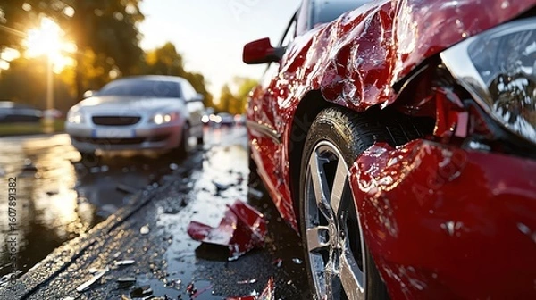 Obraz Red car crash with smashed hood and fender