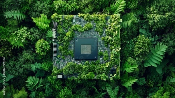 Fototapeta The fusion of technology and nature is symbolized by a computer motherboard hovering above a dense forest, covered in moss and greenery
