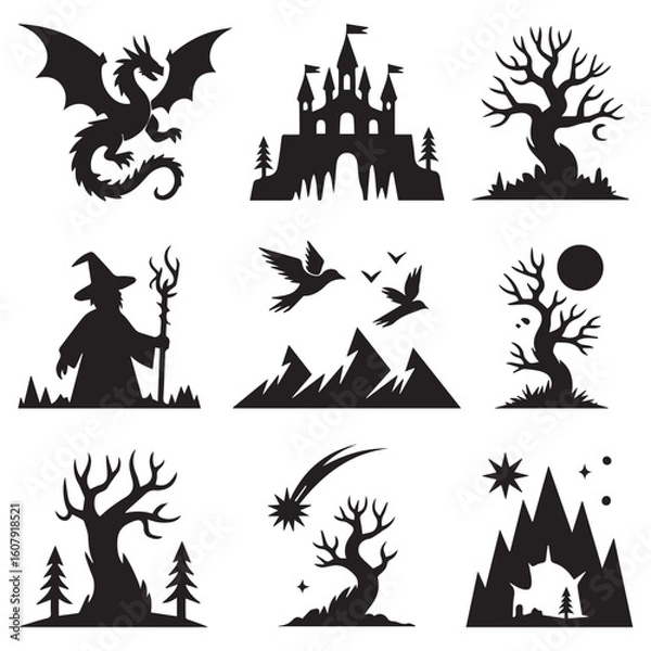 Fototapeta A collection of fantasy silhouettes featuring a dragon, castle, wizard, birds, mountains, moon, comet, and stars, creating a magical and enchanting landscape