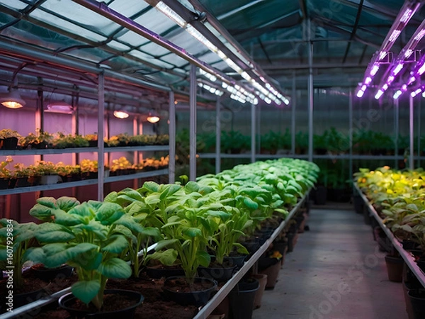 Fototapeta Cultivating Growth: Inside a modern greenhouse, rows of vibrant plants flourish under the controlled conditions. The image captures a sense of growth and progress.