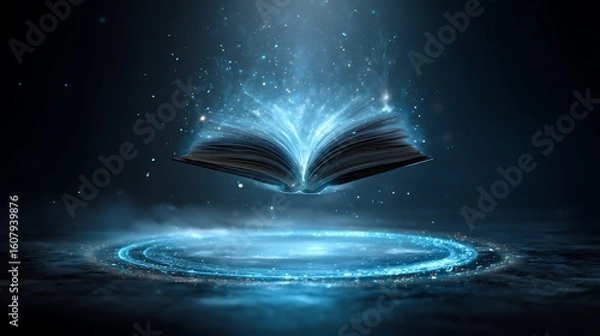 Obraz An open book floating above a glowing blue circle with sparkling lights against a dark background scene