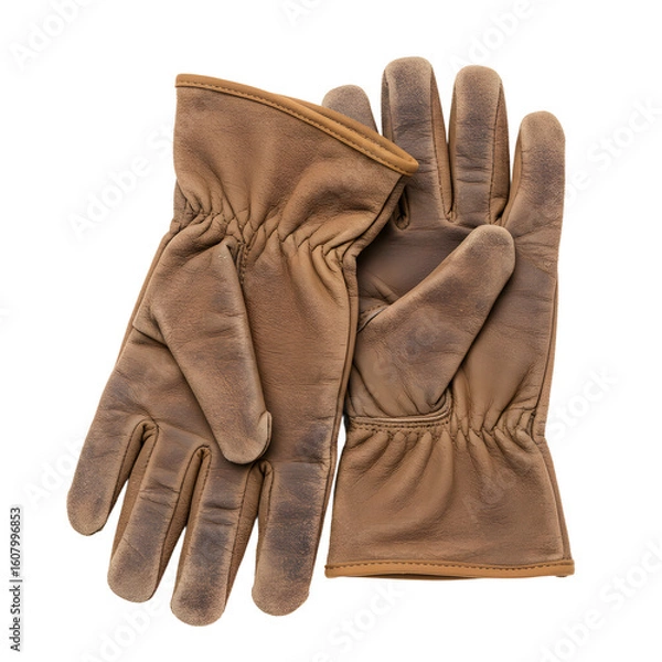 Fototapeta Worn leather work gloves with visible dirt and creases showing signs of heavy use.