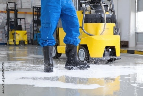 Fototapeta Worker in blue suit cleans factory floor with machine