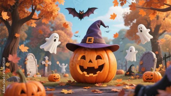 Fototapeta A whimsical and festive Halloween scene featuring a cheerful pumpkin wearing a witch hat. Halloween Costumes, Halloween Background, Happy Halloween