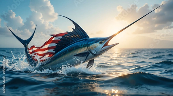Obraz marlin with with american flag.