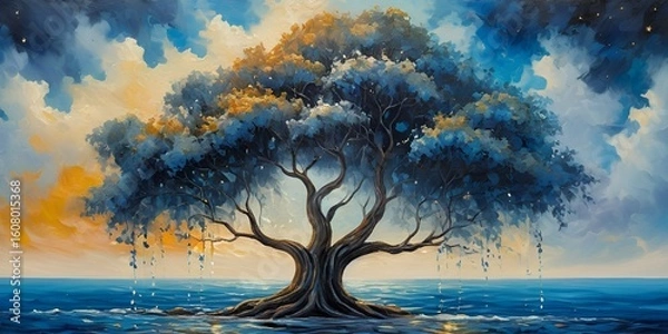 Fototapeta Blue Mystical Tree of Life on Water with Glowing Orbs Painting