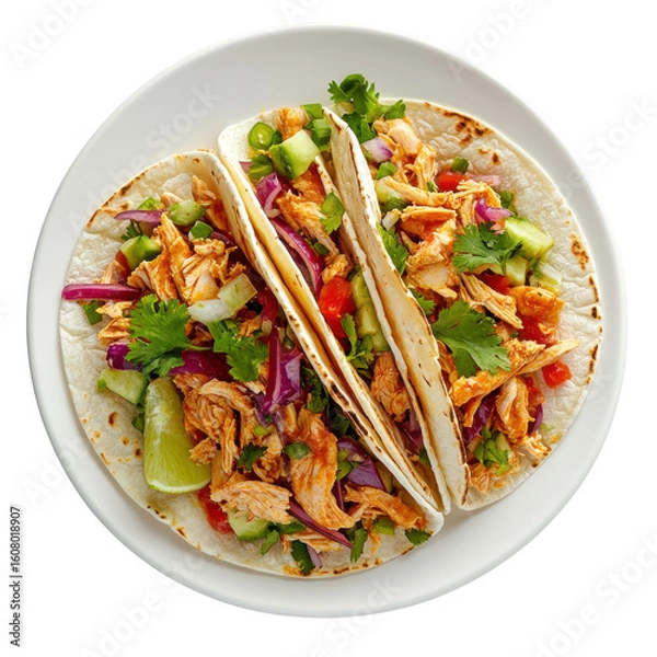 Fototapeta Flavorful Chicken Tacos with Fresh Vegetables and Lime on a White Plate on transparent background