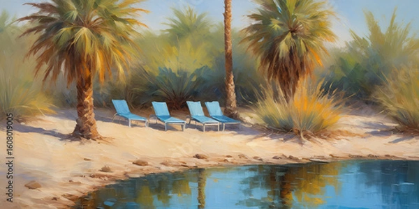 Fototapeta Desert Oasis with Palm Trees and Lounge Chairs Painting