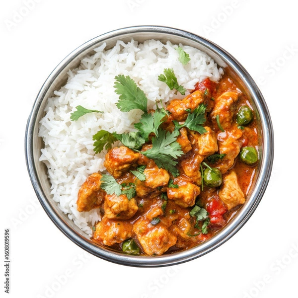 Fototapeta Delicious Chicken Curry with Rice Garnished with Fresh Herbs in a Bowl on transparent background