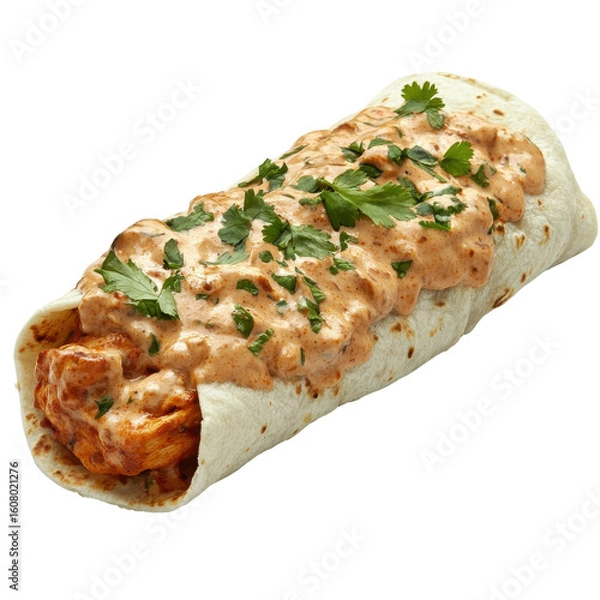 Fototapeta Delicious Chicken Burrito with Creamy Sauce and Fresh Cilantro Topping on transparent background