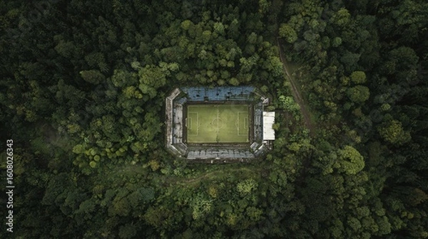 Obraz Aerial view of a soccer stadium surrounded by dense forest, showcasing the contrast between nature and sports infrastructure.