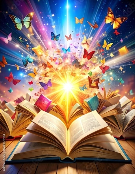 Fototapeta An explosion of colorful butterflies emerging from open books, symbolizing imagination.