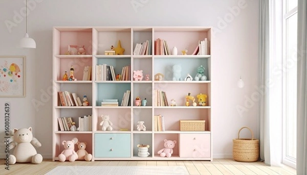 Fototapeta 子ども部屋のカラフルな絵本棚背景