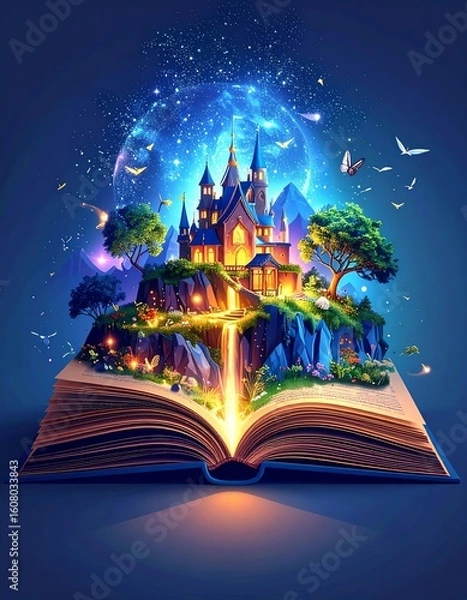 Fototapeta An enchanting book reveals a magical world filled with castles, trees, and stars.