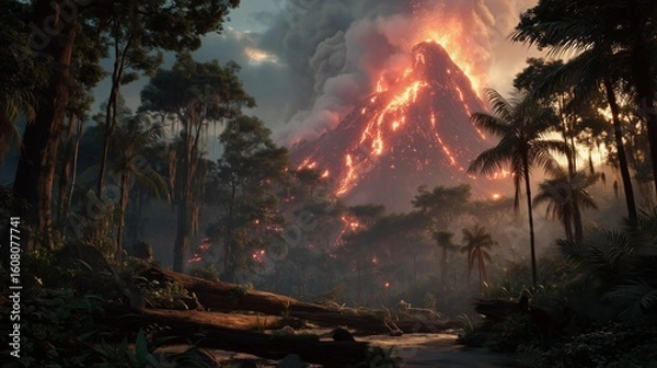 Obraz Hyper-realistic volcanic eruption in tropical jungle valley, glowing lava flows igniting forests with thick smoke, fallen logs foreground, dramatic apocalyptic lighting
