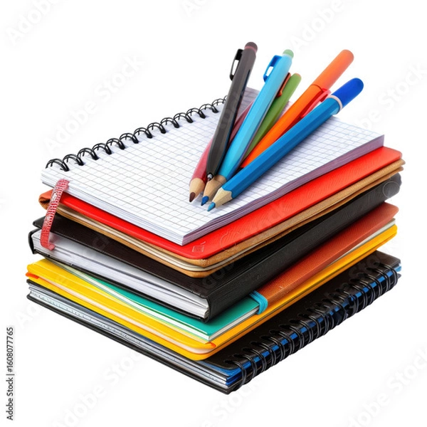 Obraz A stack of colorful notebooks and writing utensils sits atop a white background.  