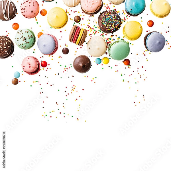 Obraz Colorful assortment of small, round candies and cookies cascading downwards