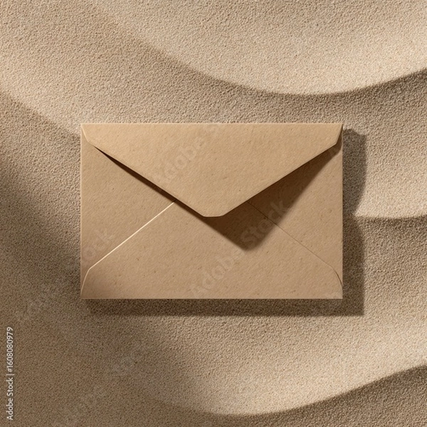 Fototapeta A closed brown kraft paper envelope lies on textured sand with natural shadows and light patterns.