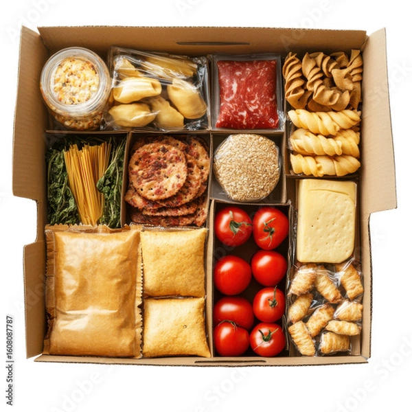 Fototapeta Gourmet Meal Kit with Pasta, Fresh Vegetables, and Snacks for Cooking at Home on transparent background