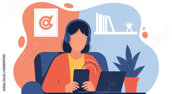 Fototapeta Woman using laptop and phone while wearing headphones, perfect for blogs, articles, or websites about remote work or online learning.