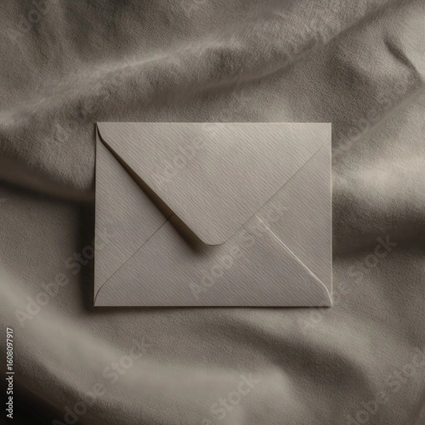 Fototapeta A minimalist beige envelope rests on a textured fabric surface, creating a soft, neutral-toned composition with subtle shadows and a cozy ambiance.