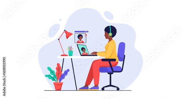 Fototapeta Woman having a video conference call, perfect for websites and presentations about remote work, communication, or online education.