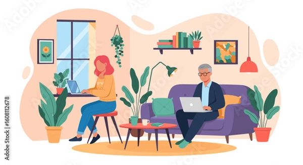 Fototapeta Modern illustration of two people working from home, perfect for blog posts or website banners about remote work.