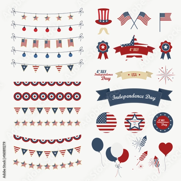 Fototapeta A set of design elements for Independence Day. 4th of July Objects, Element. Isolated on white. Vector icons.