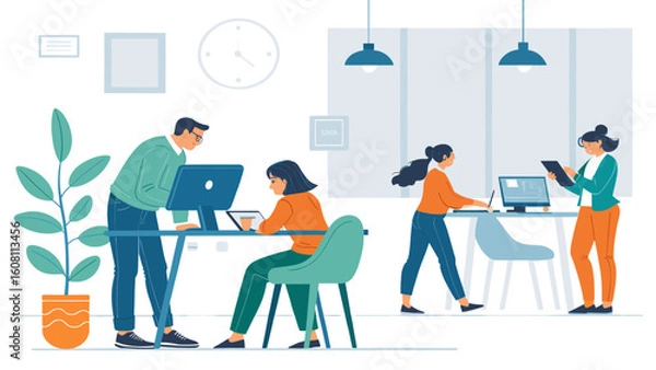 Fototapeta Modern office workers collaborating on projects, ideal for website banners or business presentations.