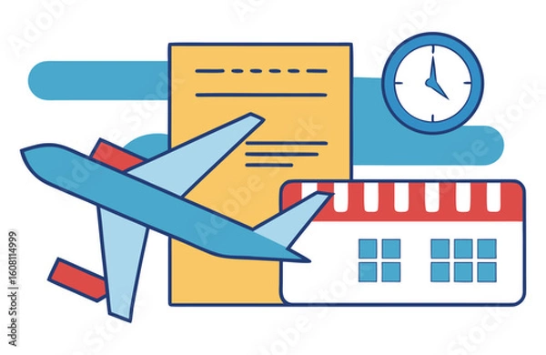 Fototapeta An icon depicting travel planning elements: an airplane, a calendar, a document or ticket, and a clock.