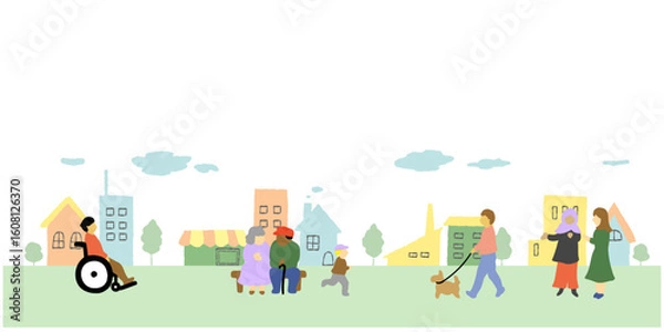 Obraz いろいろな人々がいる街並みのかわいい手描きイラスト