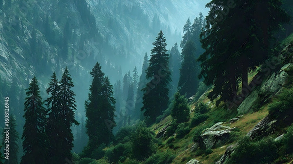 Obraz Misty Mountain Forest Landscape: Coniferous Trees