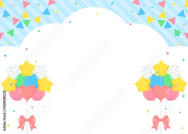 Fototapeta 雲型の背景フレーム、ガーランド、風船、紙吹雪のデコレーション